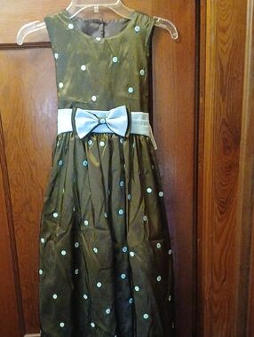 Girls Brown Satin Dress with Blue Polka Dots and Bow